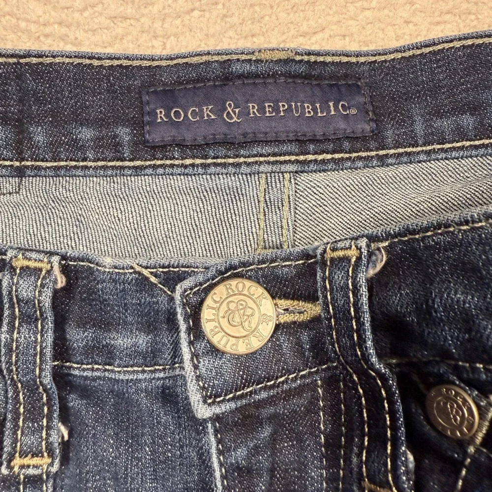Y2K Rock & Republic Low Rise‎ Denim Jean Shorts Womens 2 Dark Wash Frayed Hem